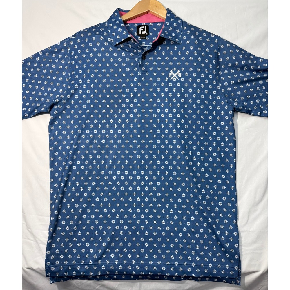 FootJoy FJ Golf Polo Mens M Blue Floral Performance Shirt Club Logo Stretch
